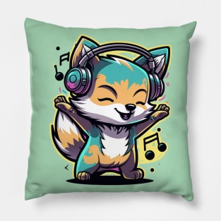 cute happy wolf wearing headphones music Pillow