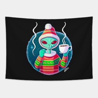 Christmas Funny Alien Drinking Coffee Wearing Sweater Tapestry