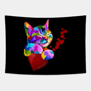 Cute Cat Colorful Funny Valentines Day Hearts Girls Kids Tapestry