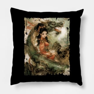 Vietnamese Girl with Dragon Traditional Art Pillow