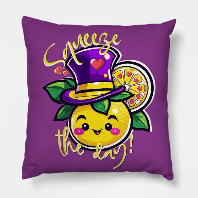 Kawaii lemon funny saying - Squeeze the day! Pillow by alcoshirts