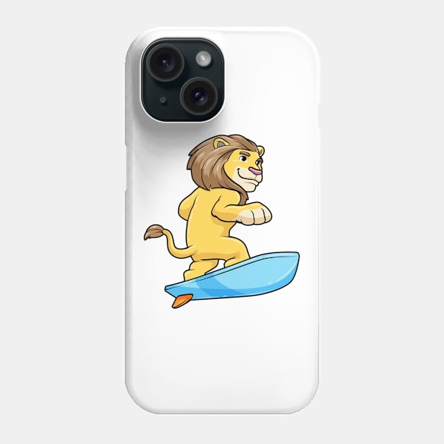 Lion as surfer on a surfboard Phone Case by Markus Schnabel