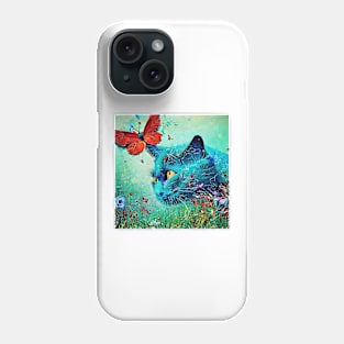 Blue cat and butterfly Phone Case