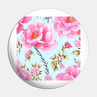 Pink roses on pale blue seamless chinoiserie pattern Pin