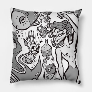 Sea life collage black and white Pillow