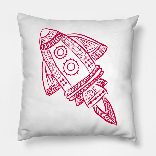 Rocket Line Drawing (Red) Pillow by littlecurlew