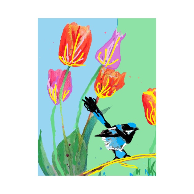 Abstract Blue Wren and Tulips Painting - on Blue and Light Green by SarahRajkotwala