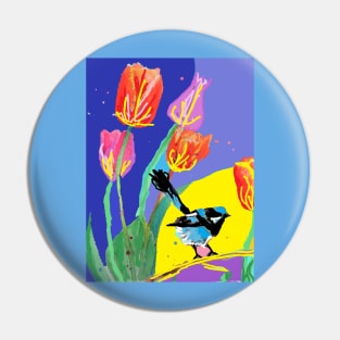 Abstract Blue Wren and Tulips Painting - on Multicoloured Pin