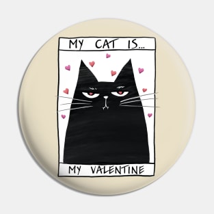 Happy valentines black cat. Cute cat and red hearts. Pin