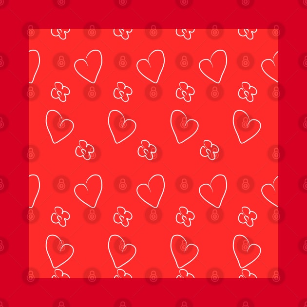 Red background illustration with heart and flowers. Decorative design pattern, love by grafinya
