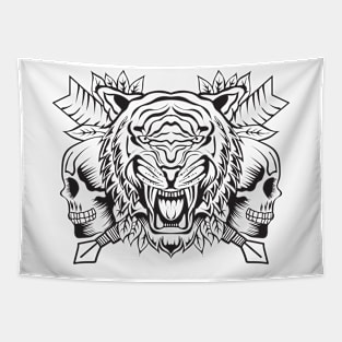 Roaring Tiger with Skull Lineart Tapestry