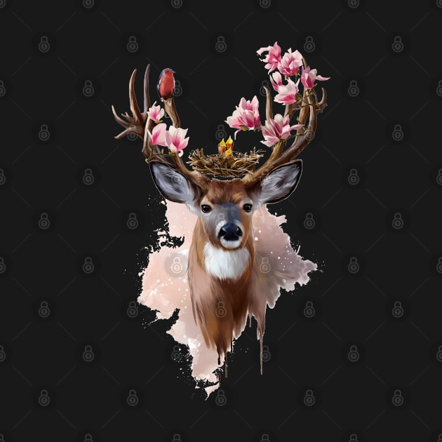 Deer with bird and flowers by stark.shop