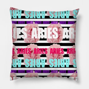 Colorful Monogram Aries Zodiac Sign Pink Peony Flowers Pillow