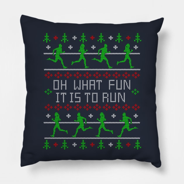 Funny Oh What Fun it is to Run Running Ugly Christmas Sweater Design Pillow by TeeCreations