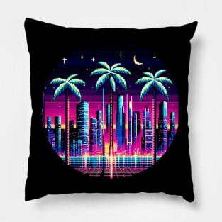 Cyber Palms - 8-Bit Neon Cityscape with Futuristic Palm Trees Pillow