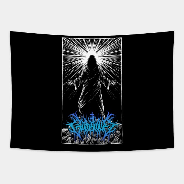 God is Love Redeemer  death metal design (Blue) Tapestry by Tmontijo