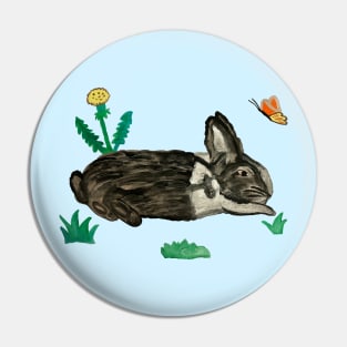 Rabbit with Butterfly and Dandelions Pink Painting Pin