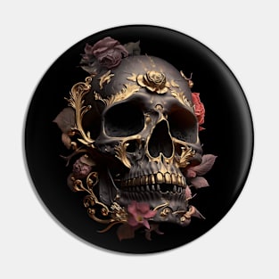 Black scull with flowers and golden pattern Pin