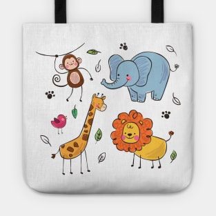 Elephant giraffe monkey lion hand drawn Tote