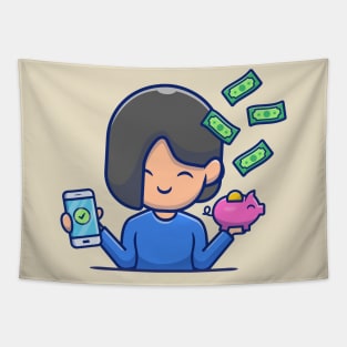 Cute Girl Holding Phone And Piggy Bank With Money Tapestry