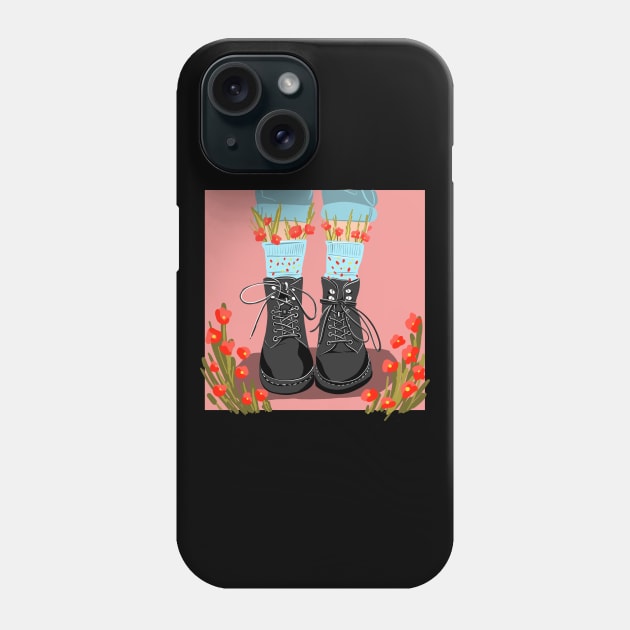 illustration black shoes with flowers.  boots with socks.flowers in socks Phone Case by Nushech