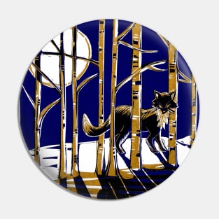 Fox in Moonlit Forest Linocut in blue and gold Pin