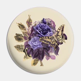 Vintage Purple and Gold Roses with Butterfly on Creamy Beige Pin