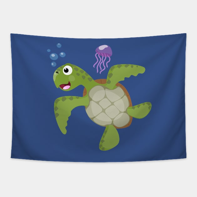 Cute green sea turtle happy cartoon illustration Tapestry by FrogFactory