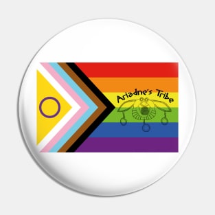 Ariadne's Tribe logo on inclusive Pride flag Pin