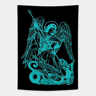 Saint Michael vanquishing the dragon (blue neon) Tapestry