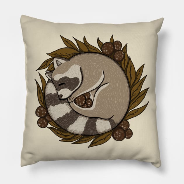 Vintage Sleeping Raccoon Pillow by Luna Illustration