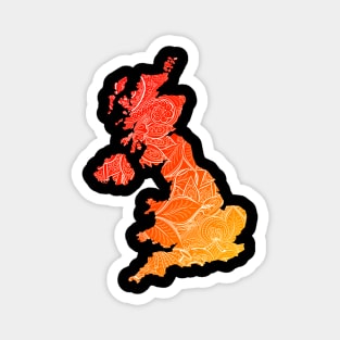 Colorful mandala art map of United Kingdom with text in red and orange Magnet