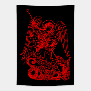 Saint Michael vanquishing the dragon (red neon) Tapestry