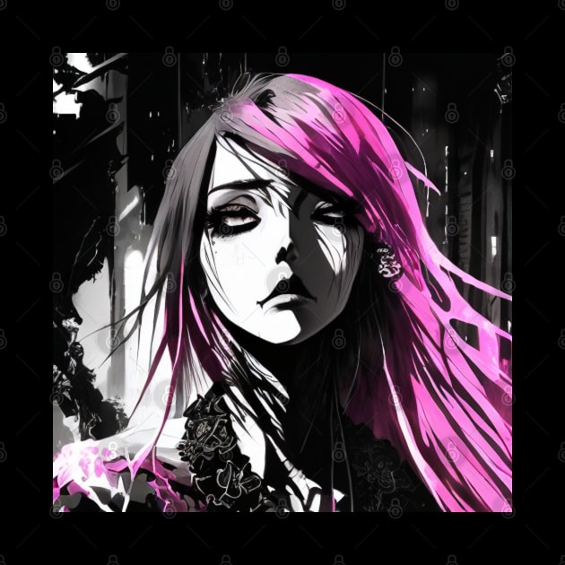 The Art of Shadows: Delve into the Mysterious Black and White Anime Girl World Goth Gothic Fashion Dark Pink Hair by ShyPixels Arts