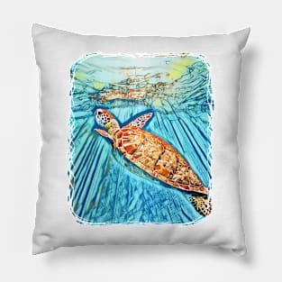 Shimmering Sea Turtle In A Blue Ocean Pillow