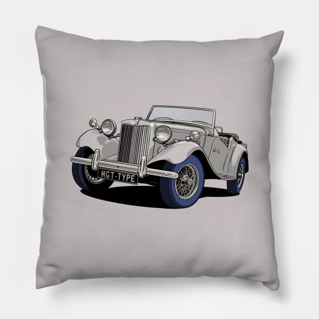 MG T Type Classic Car in Silver-Grey Pillow by Webazoot