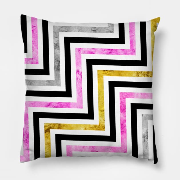 Abstract Chevron Pattern Pink Silver Gold Black Pillow by TLSDesigns