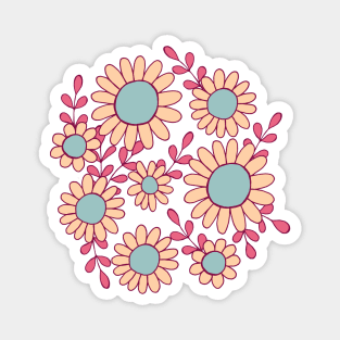 Retro 70s daisy flowers botanical design in green, pink and blue Magnet