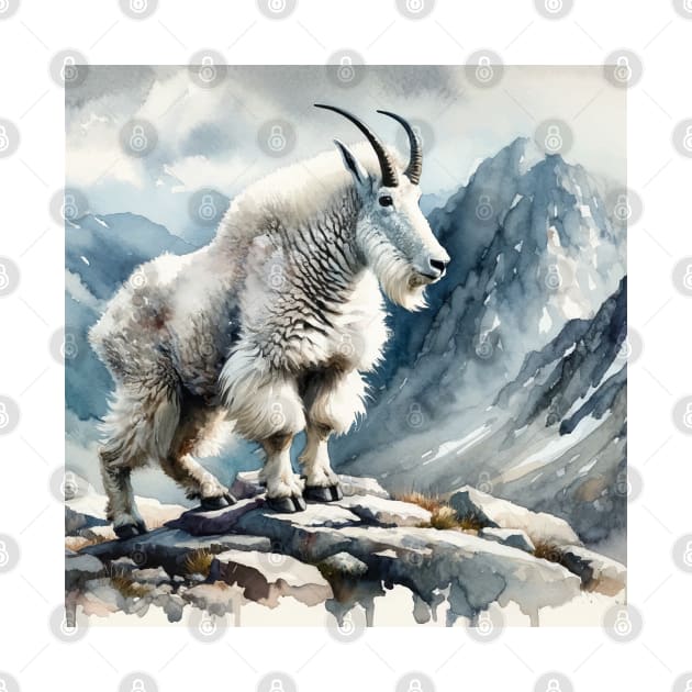 Alpine Grace: Majestic Mountain Goat Watercolor by Aquarelle Impressions