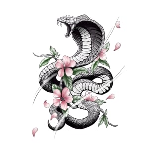 Fierce Cobra Tattoo Style with Cherry Blossoms T-Shirt