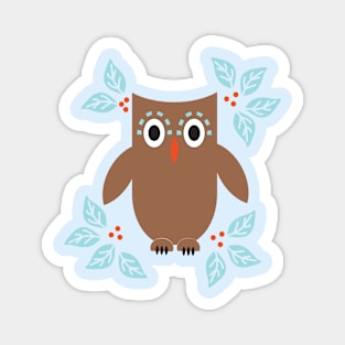 Cute chocolate brown baby owl with berries and leaves Magnet