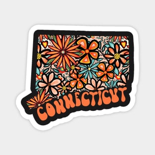 Connecticut State Design | Artist Designed Illustration Featuring Connecticut State Outline Filled With Retro Flowers with Retro Hand-Lettering Magnet