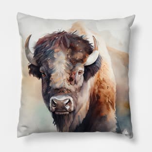 Watercolor of a single buffalo bison animal from the midwest rockies Pillow