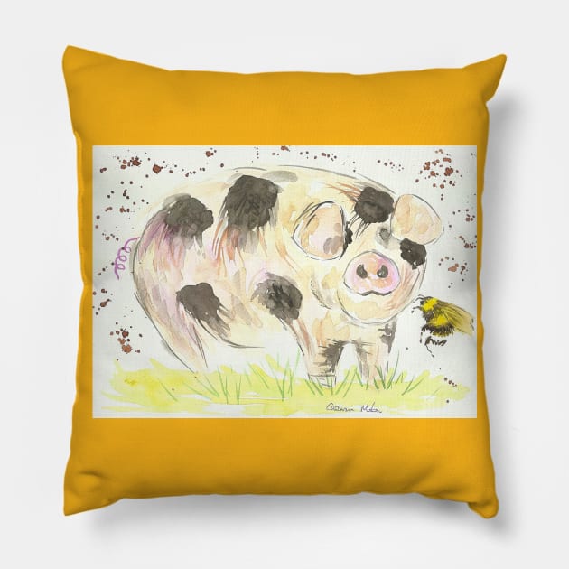 Spotty Pig and an annoying Bumble bee Pillow by Casimirasquirkyart