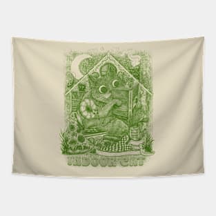 Indoor Cat Green Illustration Introvert Cartoon Tapestry