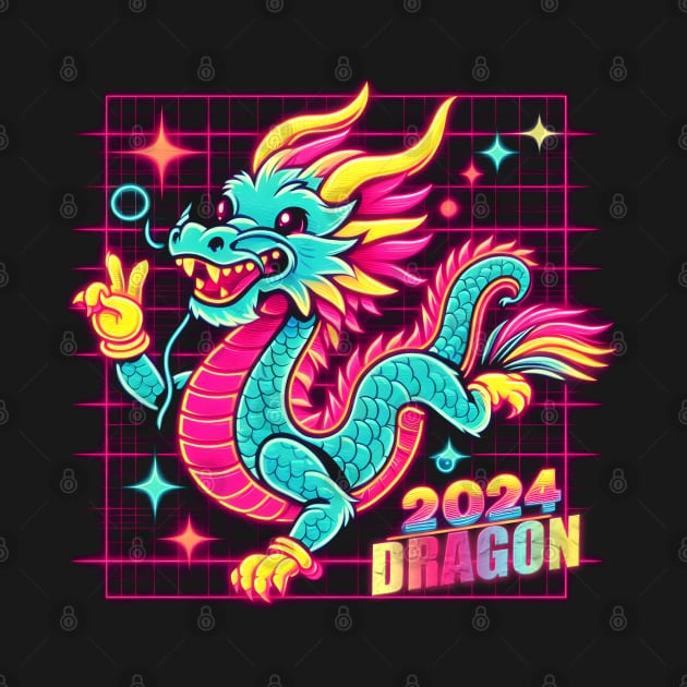 CUTE YEAR OF THE DRAGON 2024 80'S NEON VIBE RETRO by athirdcreatives
