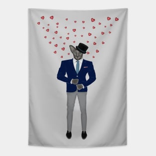 Cat with hearts in suit and hat. Cat gentleman. Tapestry