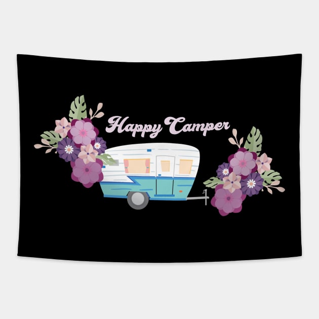 Happy Camper - Retro Trailer with Flowers Tapestry by RVToolbox
