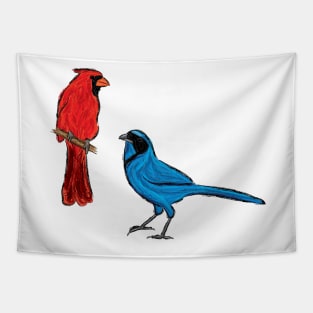 Artwork showing a Northern Cardinal and a Turquoise Jay I Tapestry