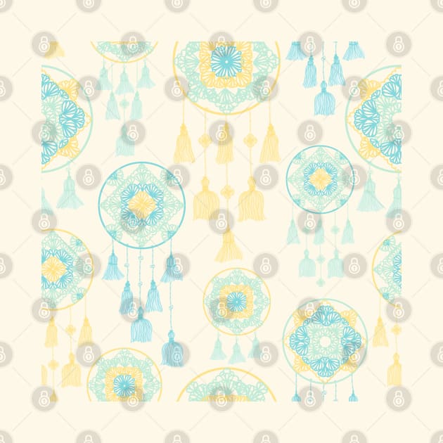 Yellow and teal dreamcatcher on cream by marufemia